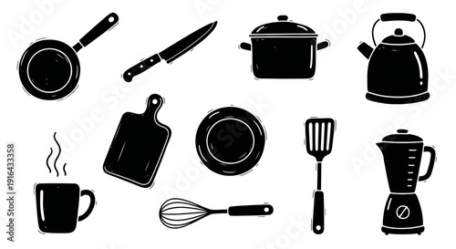 Collection of kitchen utensils including pans, knives, pots, kettle, cutting board, plate, spatula, whisk, blender, and steaming cup