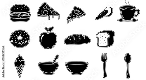 Collection of black and white food icons including burger, pizza slices, carrot, coffee, donut, apple, bread, pastry, ice cream, bowl, fork, and spoon