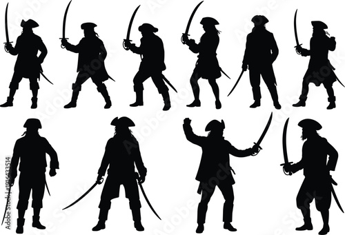 Pirate silhouettes collection with swords and tricorn hats, swashbuckler characters in action poses, black vector illustration isolated on white background