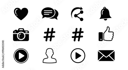 Set of black social media icons including heart, chat, share, bell, camera, hashtags, thumbs up, play, user, and email
