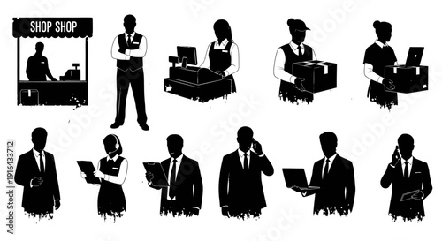 Collection of silhouette figures demonstrating various retail, customer service, and administrative roles