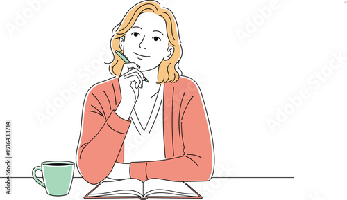 Young thoughtful woman sitting at desk with coffee and notebook holding pen dreaming about ideas in minimal flat vector style