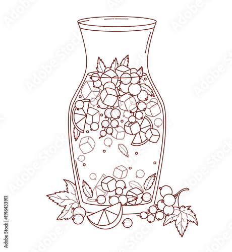 Outline Glass Pitcher with Currant Berries Lemonade. Summer Refreshing Drink with Berry, Mint, Ice Cubes and Lemon. Line drawing, coloring page. Vector Illustration
