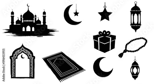 Collection of black silhouette Islamic symbols including mosque, crescent moons, stars, lanterns, prayer rug, gift box, tasbih, and arch window
