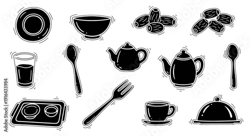 Collection of black and white icons depicting various food and beverage items like cups, teapots, seeds, and utensils arranged randomly