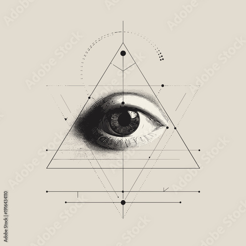 All seeing eye within triangle with geometric lines and sacred geometry elements