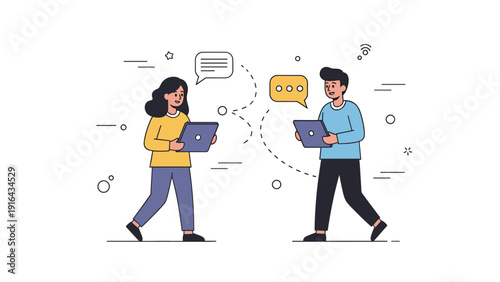 Young caucasian male and female cartoon characters communicating with laptops