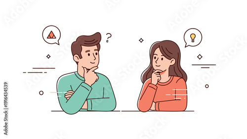 Illustration of a thoughtful conversation between a young caucasian male and female