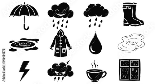Collection of black and white weather-related icons including umbrella, clouds with rain, puddle, boot, coat, lightning, storm cloud, and window