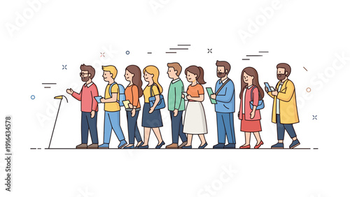 Diverse group of young adults and adults walking together with phones and devices