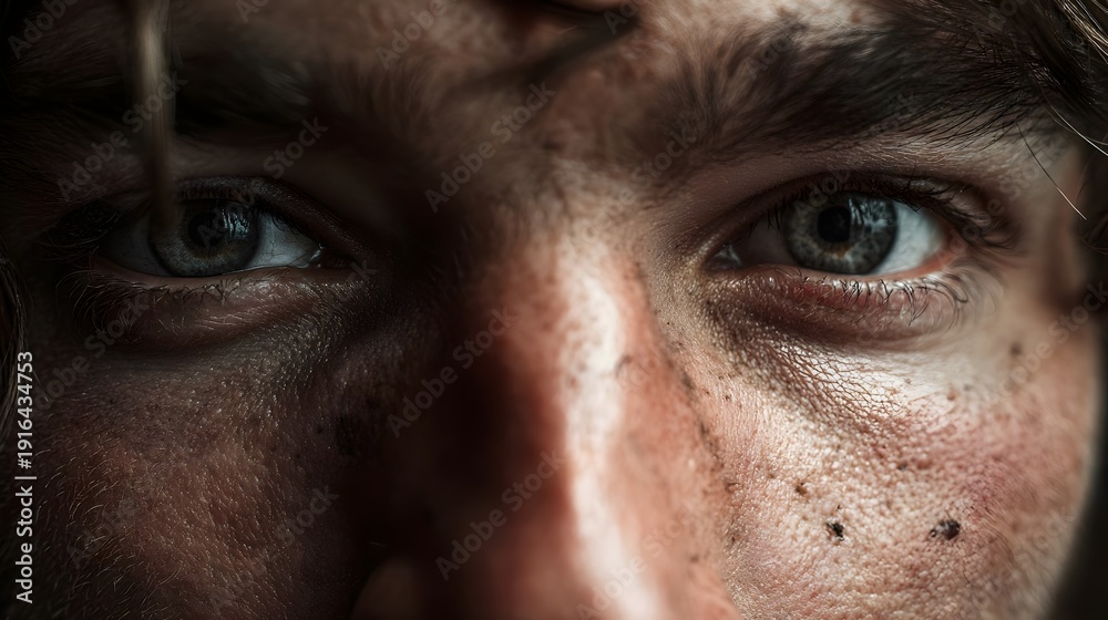 Naklejka premium Unfiltered Gaze – Authentic Human Emotion. Concept: Authenticity, human emotion, identity, vulnerability, self-expression, cinematic portraiture, emotional connection, realism, diversity and individua