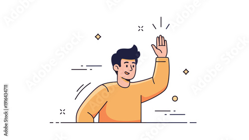 Illustration of a young male waving with abstract accents