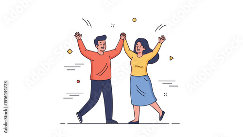 Happy diverse young couple celebrating with raised hands