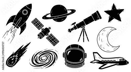 Collection of space-themed objects including rockets, planets, stars, telescopes, astronaut helmet, and celestial phenomena