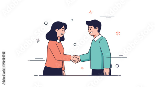 Friendly encounter between cartoon young adult caucasian male and female shaking hands