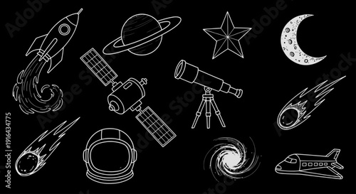 Outline drawings of rockets, planets, stars, moon, telescope, satellite, spaceship, meteor, galaxy, astronaut helmet, and comets on black background