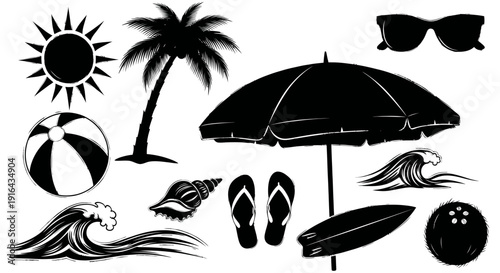 Black and white silhouettes of beach essentials including sun, palm tree, umbrella, sunglasses, flip-flops, ball, seashells, surfboard, waves, and coconuts