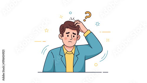 Confused young caucasian male with brown hair in blue suit