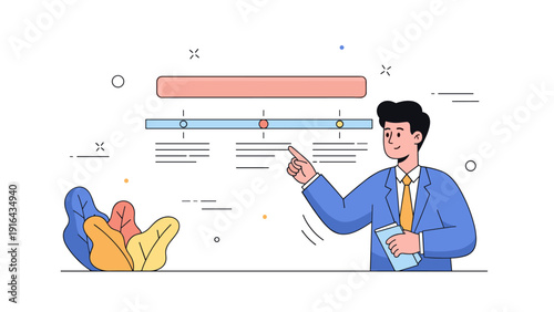 Illustration of young caucasian male presenting data with timeline chart