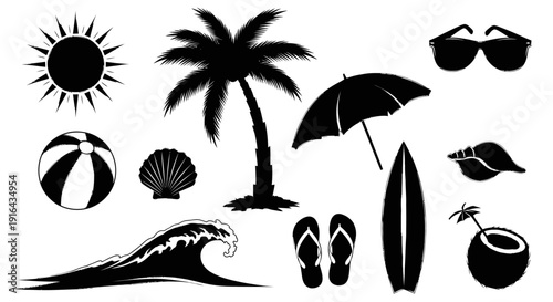 Collection of tropical summer icons including sun, palm tree, beach ball, umbrella, flip-flops, seashell, coconut, sunglasses, lips, wave, and seashells
