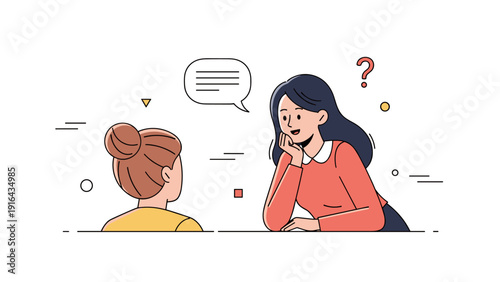 Female characters in conversation with speech and question marks