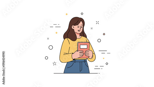 Young caucasian female character holding book in casual outfit, smiling