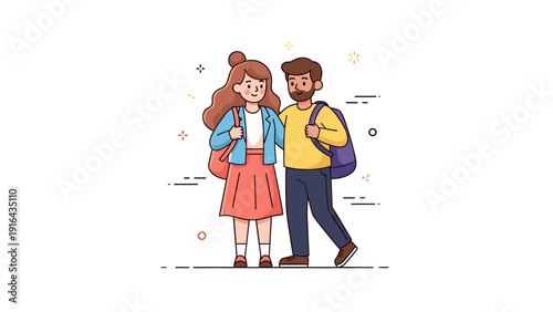 Smiling animated couple with backpacks: young caucasian man and woman
