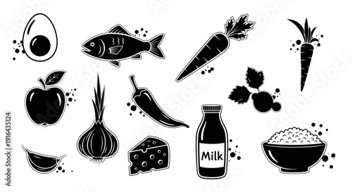 Collection of black and white illustrations of various food ingredients including an egg, fish, vegetables, fruits, dairy, and grains