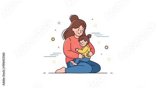 Caucasian female adult embracing child - happy family moment in minimalist illustration