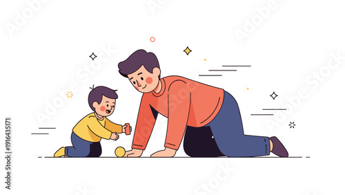 Caucasian father and son playing together on floor in cartoon style illustration