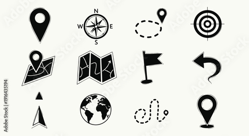 Collection of black and white navigation, map, location, and direction icons with various styles and designs