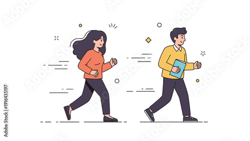 Cartoon young adults walking and reading in casual clothing