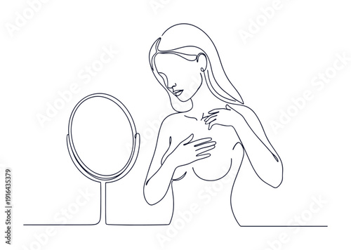 Woman self exam continuous one line drawing. Minimalist vector outline illustration of female checking breast near mirror.