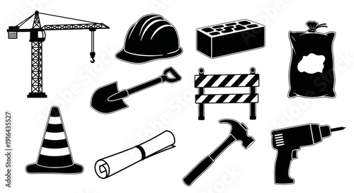 Collection of construction tools and safety equipment including a crane, helmet, brick, shovel, barrier, cone, drill, hammer, blueprint, and bag of materials