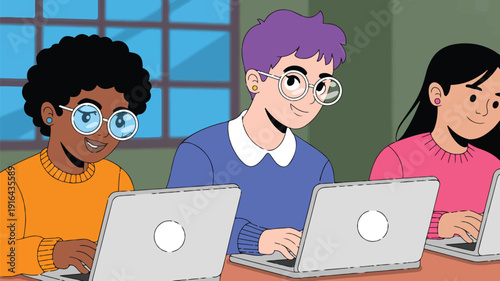 Three cheerful diverse students actively coding and learning on laptops in a contemporary classroom environment