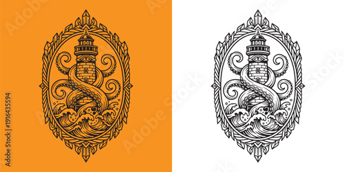 Occult Lighthouse with All Seeing Eye and Kraken Tentacles