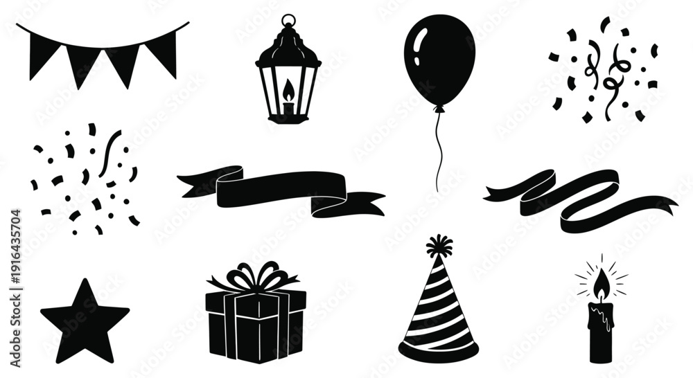 Naklejka premium Collection of black celebratory icons including banners, lantern, balloon, confetti, ribbon, gift, party hat, candle, star
