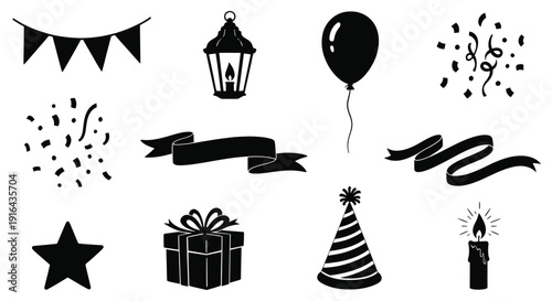 Collection of black celebratory icons including banners, lantern, balloon, confetti, ribbon, gift, party hat, candle, star