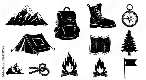 Collection of outdoor adventure icons including mountains, backpack, hiking boot, compass, tent, map, trees, campfire, rope, flag