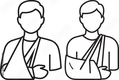 Two abstract outline figures wearing medical arm slings for injury support, depicting first aid and recovery from a broken arm or shoulder discomfort in a simple line art style.