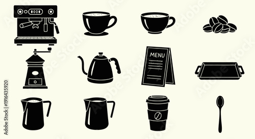 Silhouettes of coffee-making equipment, cups, coffee beans, beverages, and utensils on pale background