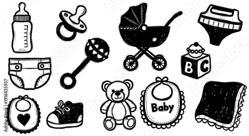 Collection of playful baby items including bottles, pacifier, stroller, blocks, teddy bear, shoes, bibs, blanket, toy, and rattle
