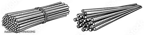 Set of metal reinforcement rods and construction bars in hand drawn vintage style