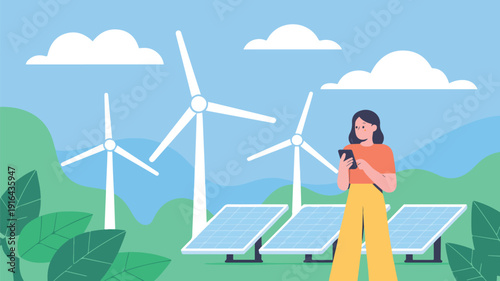 Modern illustration of woman managing renewable power station using mobile application in scenic eco landscape