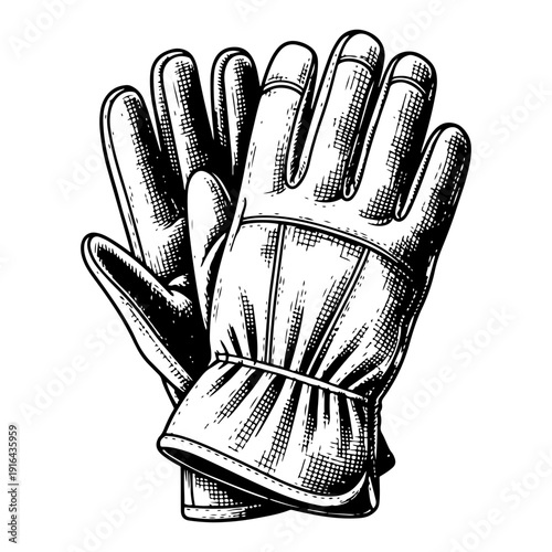 Detailed hand drawn illustration of protective leather work gloves in vintage engraving style