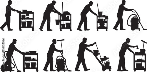 Silhouette of a man using various cleaning equipment tools