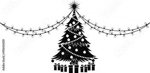 Christmas tree silhouette with ornaments, lights and gift boxes, festive holiday decoration isolated on white background, winter celebration, New Year design element