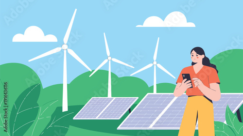 Woman monitoring renewable energy sources with smartphone in landscape featuring wind turbines and solar panels