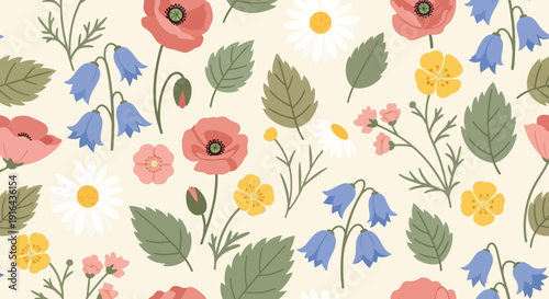Colorful floral pattern with poppies, daisies, and bluebells on a cream background.