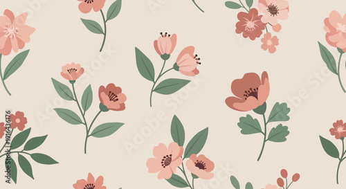 Seamless floral pattern with pink flowers and green leaves on beige background.